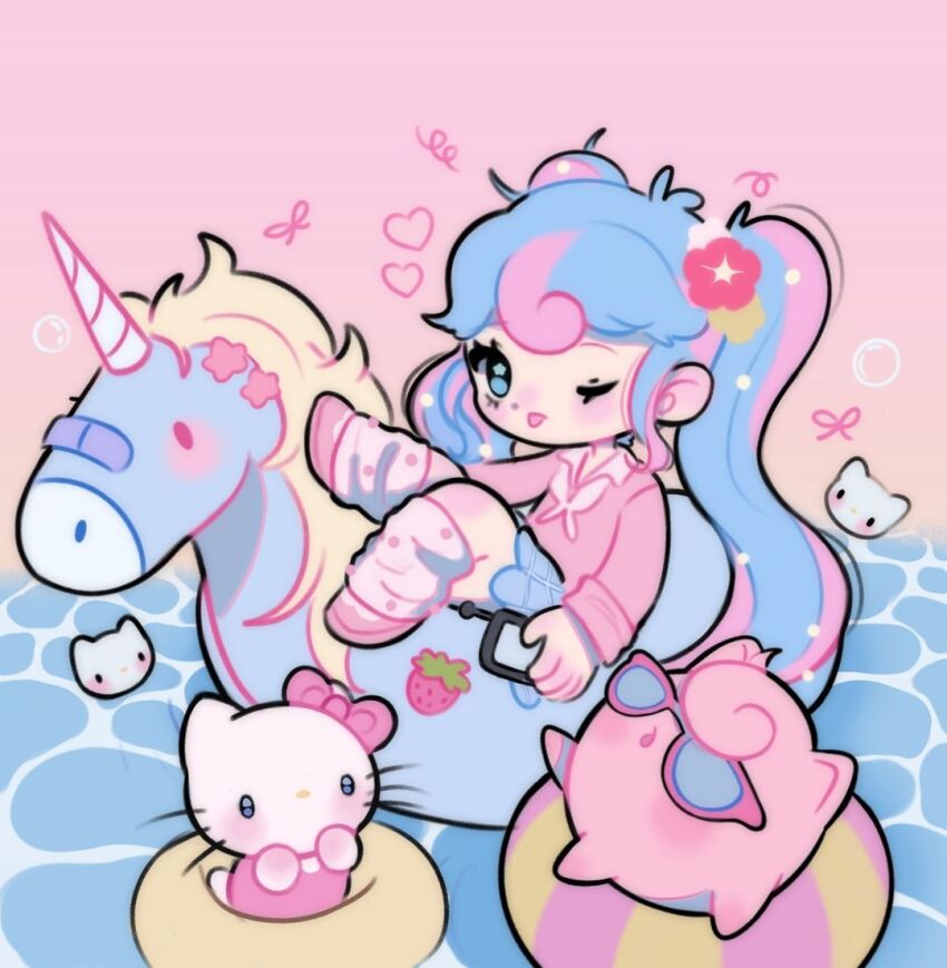 1girl, ;p, animal, blue-tinted_eyewear, blue_eyes, blue_hair, blue_skirt, blush_stickers