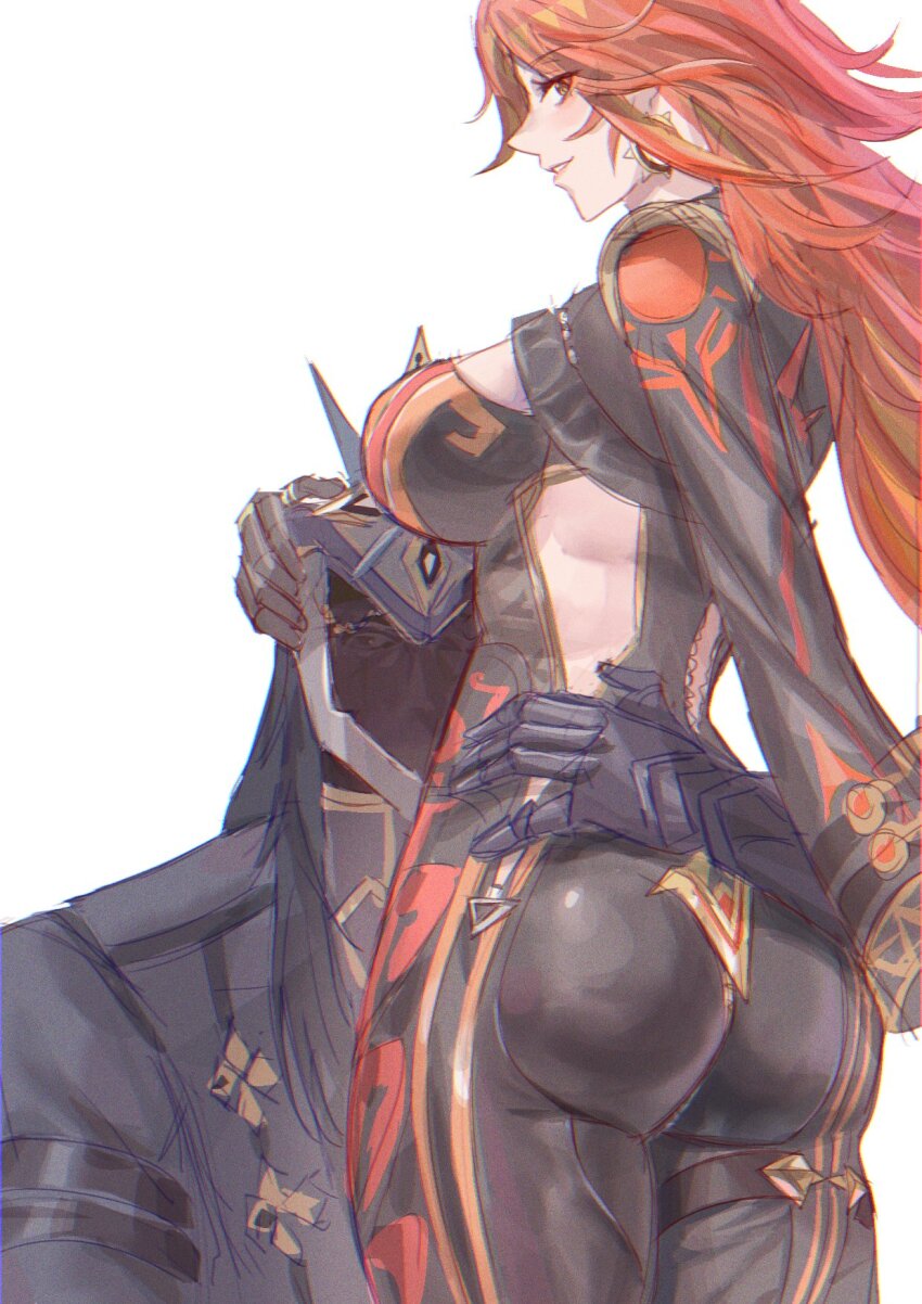 1boy, 1girl, ass, biker_clothes, bikesuit, black_bodysuit, black_gloves, black_hair, bodysuit, breasts, capitano_(genshin_impact), clothing_cutout, commentary, cowboy_shot, earrings, english_commentary, from_behind, genshin_impact, gloves, gnarlypzofbread, hand_on_another's_head, hand_on_another's_waist, helmet, hetero, highres, jewelry, long_hair, long_sleeves, looking_at_viewer, looking_back, mavuika_(genshin_impact), multicolored_hair, open_mouth, orange_hair, red_hair, side_cutout, simple_background, two-tone_hair, very_long_hair, white_background