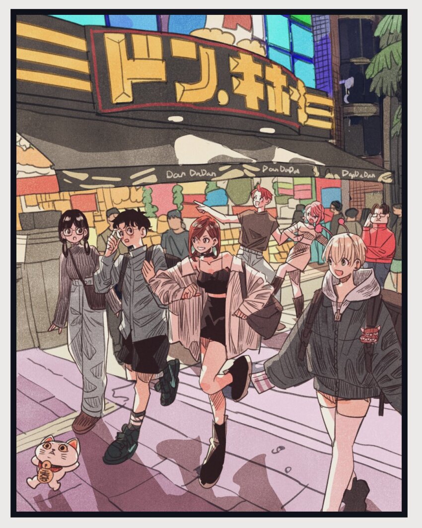 3boys, 4girls, adjusting_eyewear, alien, alternate_costume, antennae, ayase_momo, backpack