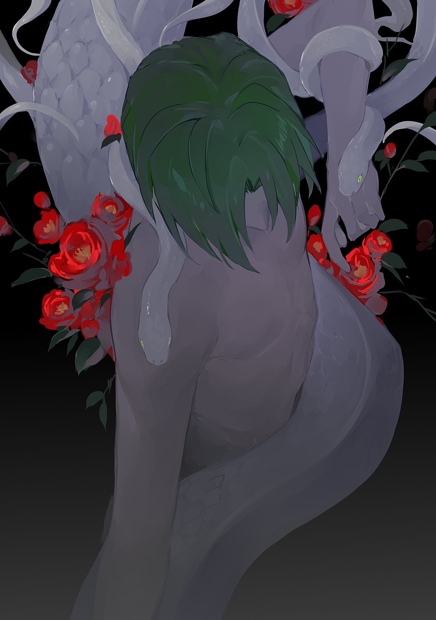 1boy, absurdres, animal, arm_snake, arm_up, black_background, bud, camellia, curtained_hair, dark, dreonya, ensemble_stars!, facing_down, flower, from_above, giant_snake, green_eyes, green_hair, hasumi_keito, highres, leaf, male_focus, oversized_animal, parted_bangs, parted_hair, red_flower, short_hair, snake, snake_on_shoulder, solo, too_many_snakes, topless_male, upper_body