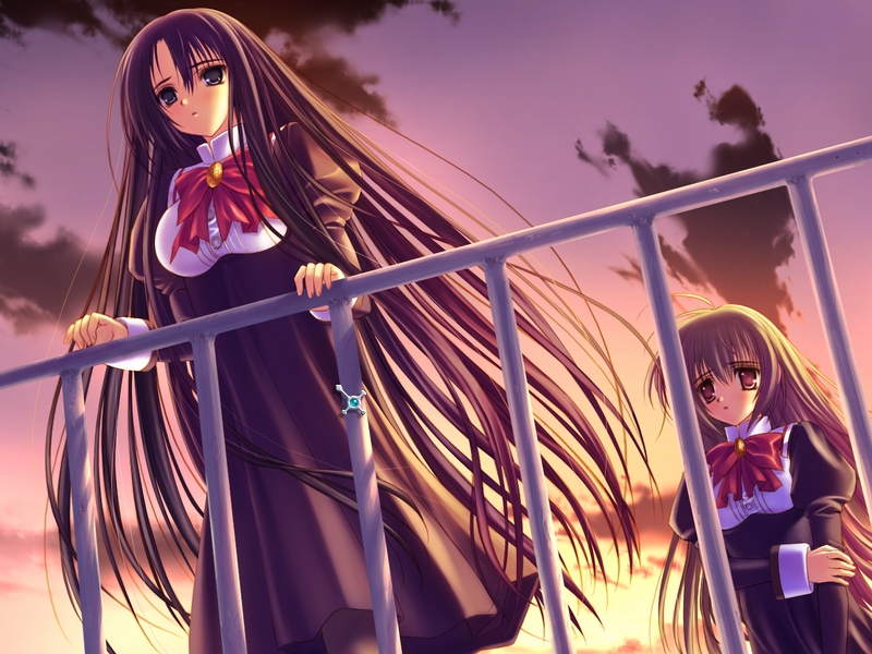 1boy, 1girl, arm_grab, cloud, dress, evening, game_cg, juujou_shion