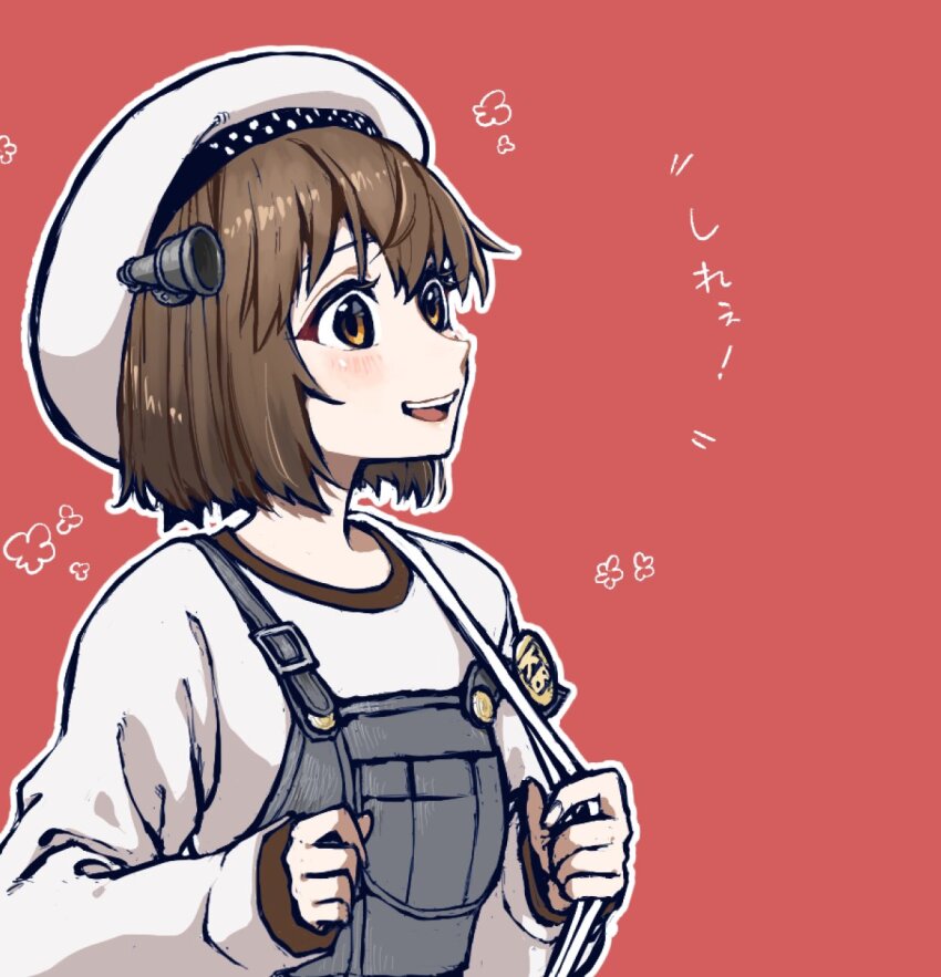 1girl, brown_eyes, brown_hair, hat, highres, kantai_collection, looking_at_another, official_alternate_costume