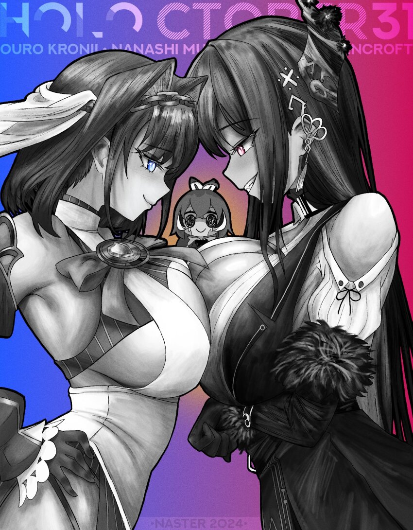 3girls, ahoge, arm_under_breasts, bare_shoulders, blue_eyes, bow, breast_press, breasts