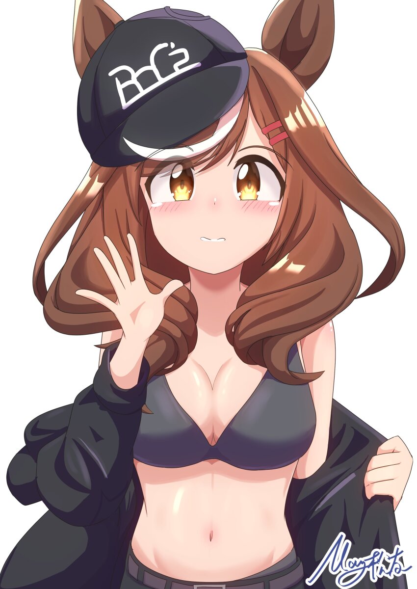 1girl, absurdres, boc'z_(umamusume), bra, breasts, brown_eyes, brown_hair, cleavage