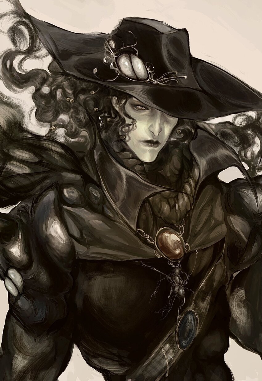 1boy, black_coat, black_hair, black_lips, brooch, coat, d_(vampire_hunter_d), expressionless, floating_hair, grey_eyes, hat, highres, jewelry, long_hair, male_focus, pale_skin, pecorino66, solo, upper_body, vampire_hunter_d