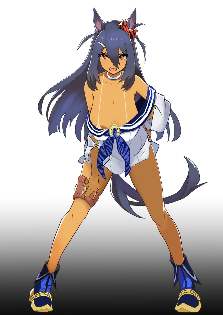 1girl, absurdres, animal_ears, bare_shoulders, blue_boots, blue_hair, blue_neckerchief, boots, bra, breasts, cleavage, dark-skinned_female, dark_skin, fang, full_body, gradient_background, hair_between_eyes, hair_ornament, hairclip, hand_on_own_hip, highres, hishi_amazon_(umamusume), horse_ears, horse_girl, horse_tail, large_breasts, long_hair, long_sleeves, neckerchief, off-shoulder_shirt, off_shoulder, open_mouth, red_eyes, shirt, solo, tail, thigh_strap, umamusume, underwear, very_long_hair, white_shirt, xzon_(chai_z)