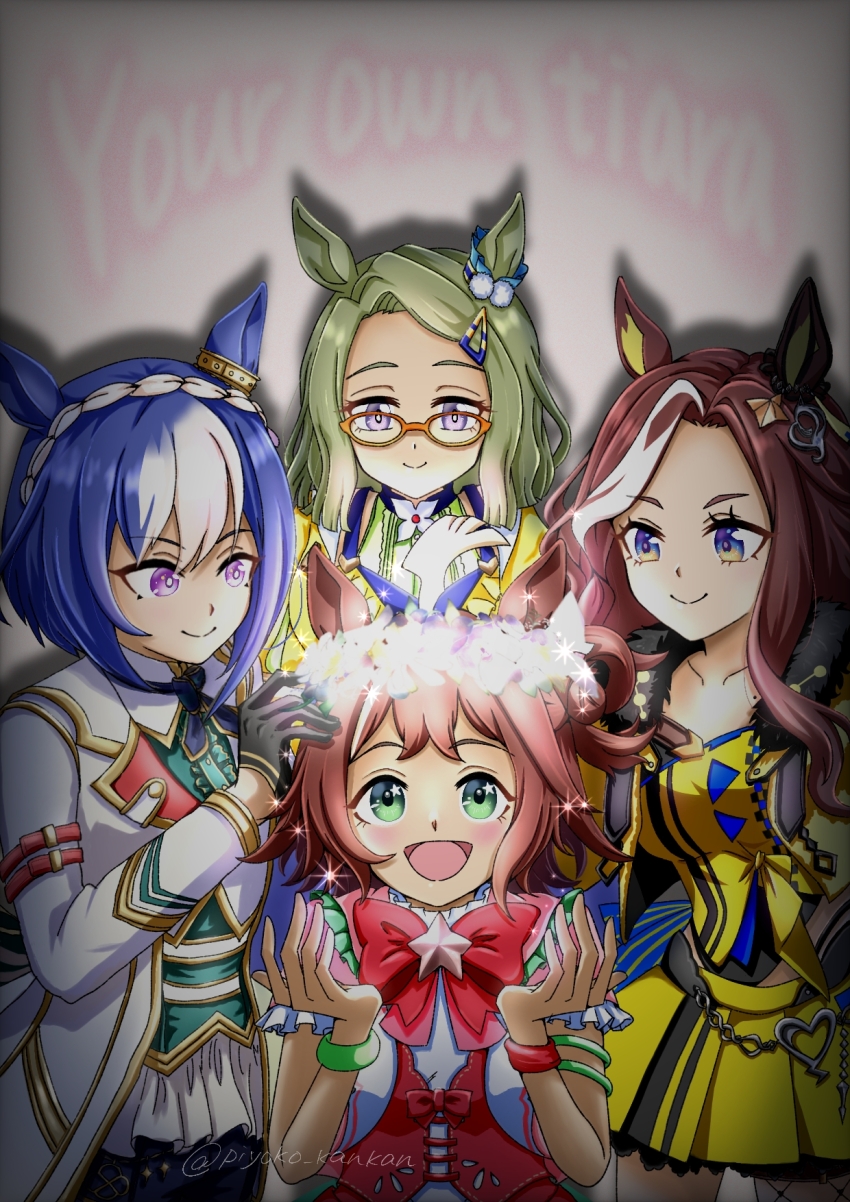 4girls, air_messiah_(inherited_hope)_(umamusume), air_messiah_(umamusume), animal_ears, blue_eyes, breasts, brown_hair, cesario_(future_weaver)_(umamusume)