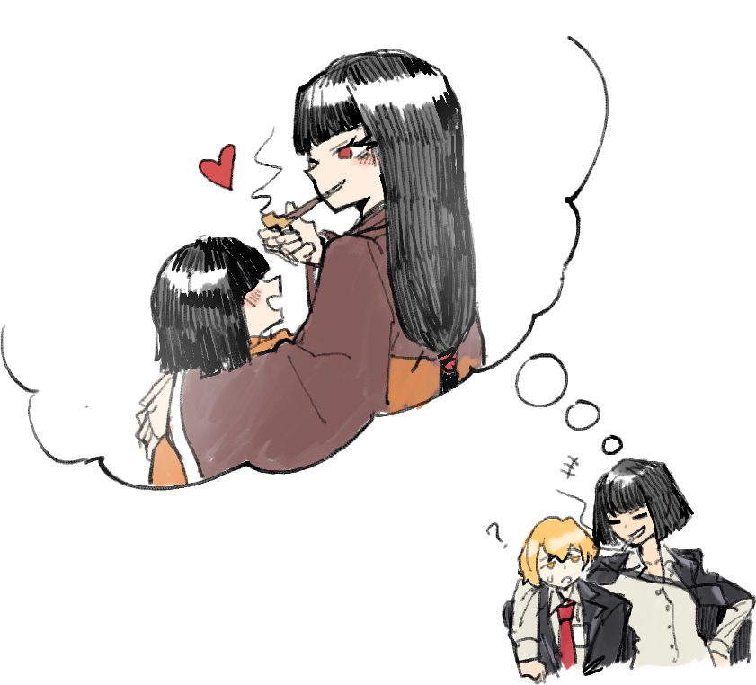 1boy, 2girls, ?, black_coat, black_hair, blonde_hair, blunt_bangs, bob_cut, cigarette, coat, collared_shirt, commentary, english_commentary, heart, hell_screen, holding, holding_smoking_pipe, japanese_clothes, kaibootsu, kimono, limbus_company, long_hair, low-tied_long_hair, mother_and_child, mother_and_daughter, multiple_girls, necktie, orange_kimono, parent_and_child, project_moon, red_eyes, red_kimono, red_necktie, ryoshu_(project_moon), shirt, short_hair, simple_background, sinclair_(project_moon), smoking_pipe, speech_bubble, sweatdrop, thought_bubble, white_background, white_shirt, yellow_eyes