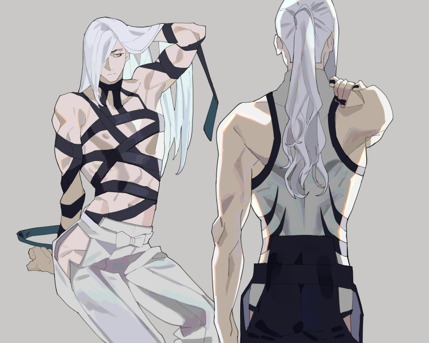 1boy, akechi_mitsuhide_(sengoku_basara), black_nails, from_behind, green_eyes, grey_background, hair_over_one_eye, hand_in_own_hair