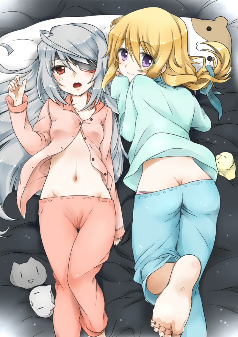 10s, 2girls, ass, barefoot, bed, blonde_hair, blush, breasts, butt_crack, charlotte_dunois, colorized, eyepatch, feet, fira_yuki, grey_hair, groin, infinite_stratos, laura_bodewig, long_hair, looking_at_viewer, looking_back, lying, midriff, multiple_girls, nakayama_miyuki, navel, on_back, on_stomach, open_mouth, pajamas, panties, pink_panties, purple_eyes, red_eyes, smile, stuffed_toy, thigh_gap, unbuttoned, underwear
