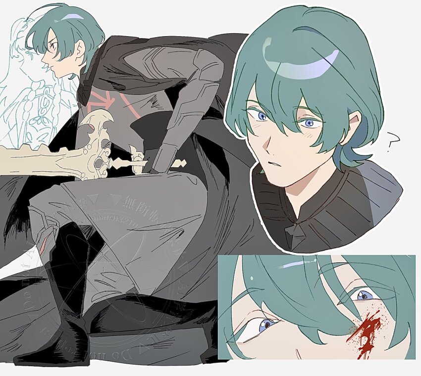 1boy, 1girl, ?, armor, armored_gloves, black_armor, black_cape, black_footwear