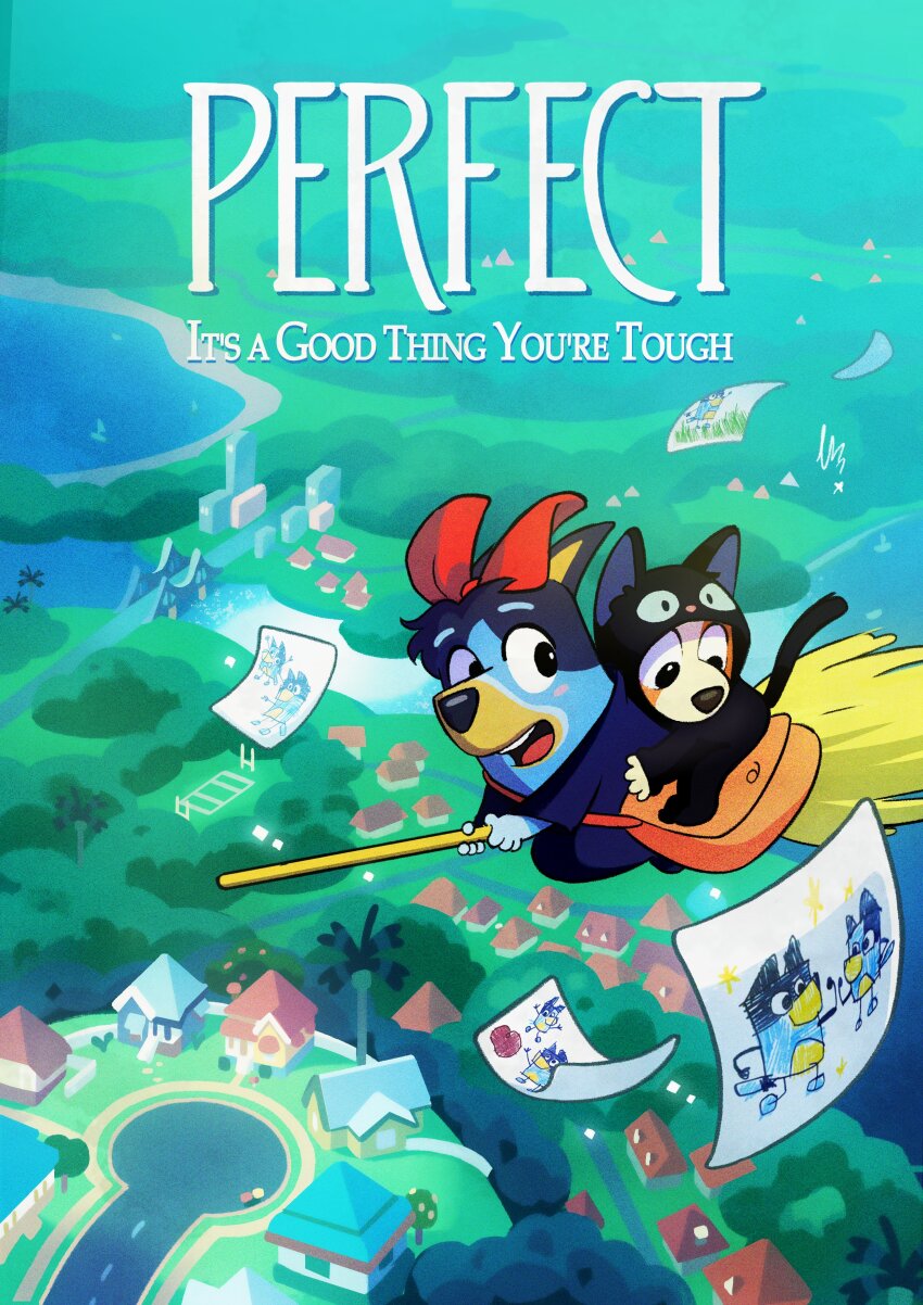 2girls, absurdres, bag, bandit_heeler, bingo_heeler, bluey, bluey_heeler, broom, broom_riding, cosplay, costa_daniel_kassab, flying_paper, highres, jiji_(majo_no_takkyuubin), jiji_(majo_no_takkyuubin)_(cosplay), kiki_(majo_no_takkyuubin), kiki_(majo_no_takkyuubin)_(cosplay), looking_down, looking_to_the_side, majo_no_takkyuubin, movie_poster_(medium), multiple_girls, paper, poster_parody