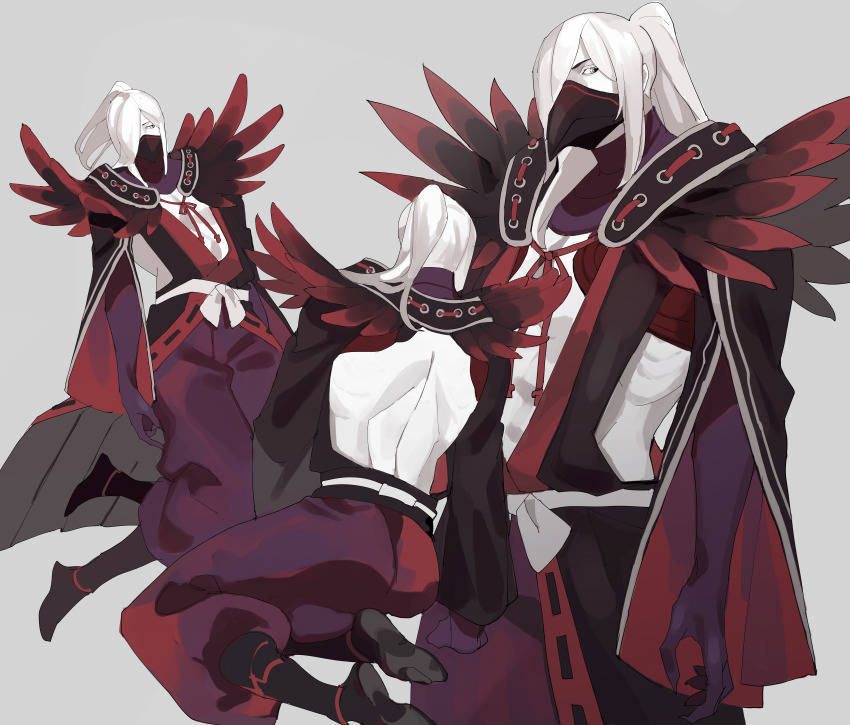 1boy, akechi_mitsuhide_(sengoku_basara), backless_outfit, black_mask, grey_background, grey_eyes, hair_over_one_eye, highres