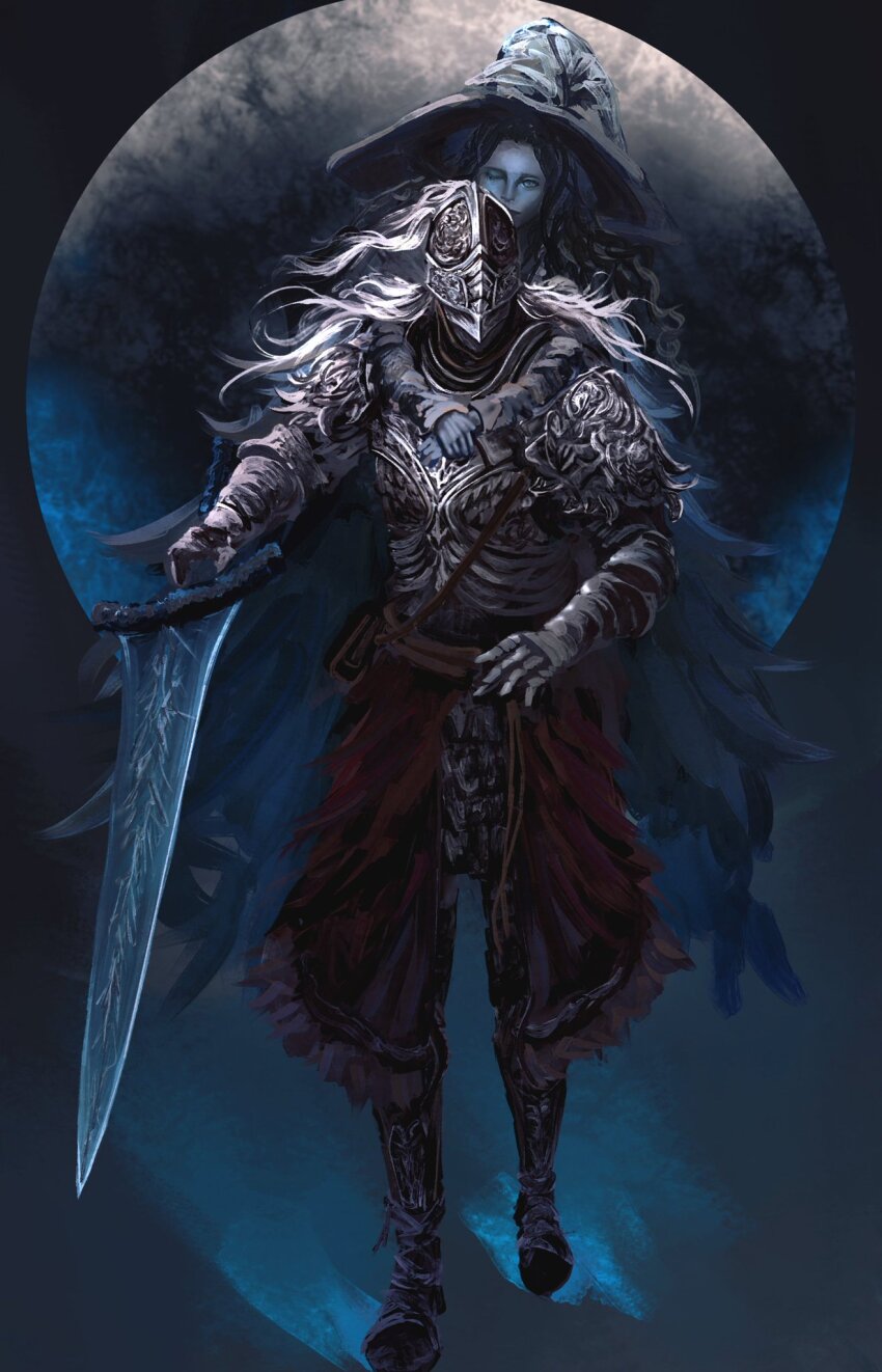 1girl, 1other, ambiguous_gender, armor, armored_boots, bloody_wolf_(elden_ring), blue_eyes, blue_hair, blue_skin, boots, carrying, colored_skin, commentary_request, dress, elden_ring, full_armor, full_body, gauntlets, graffitigw, greatsword, hat, helmet, highres, holding, holding_sword, holding_weapon, large_hat, long_hair, long_sleeves, looking_at_viewer, moon, moonlight_greatsword, one_eye_closed, piggyback, ranni_the_witch, simple_background, sword, tarnished_(elden_ring), very_long_hair, wavy_hair, weapon, white_dress, white_hat, witch, witch_hat