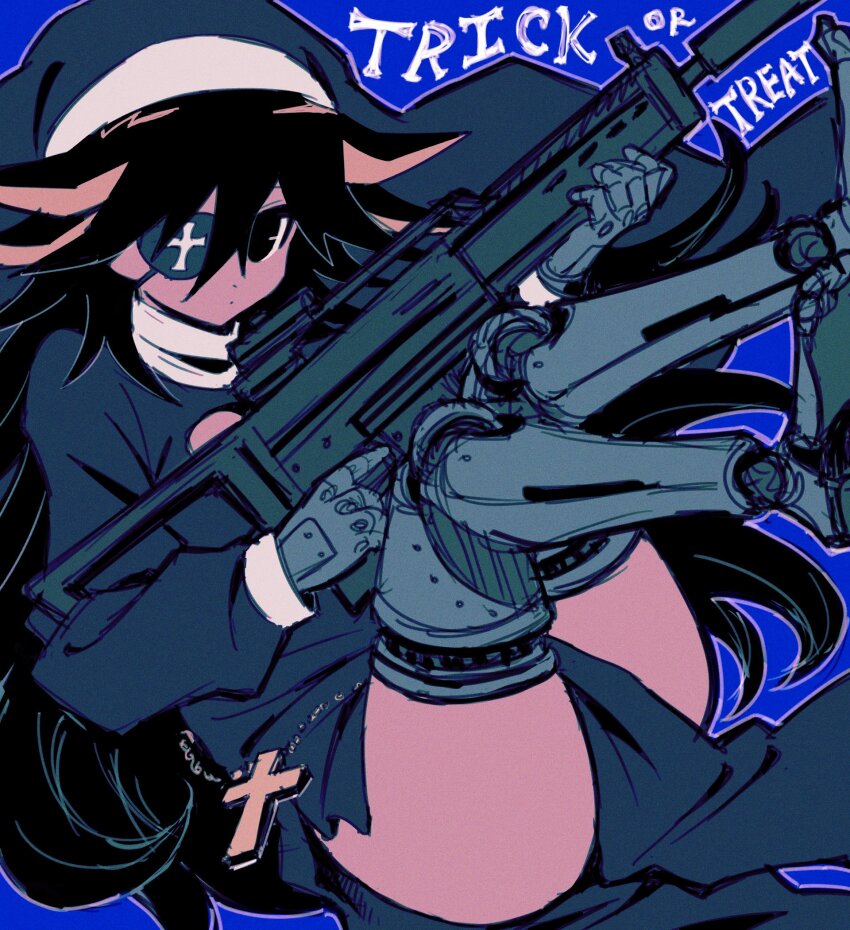 1boy, black_hair, commentary, cross, crossdressing, crossdressing_(ftm), english_commentary, eyepatch, fudo_yusei, gun, halloween, highres, holding, holding_gun, holding_weapon, long_hair, long_sleeves, male_focus, mechanical_hands, mechanical_legs, multicolored_hair, nikumankudasaii, nun, spiked_hair, streaked_hair, thighs, trick_or_treat, weapon, yu-gi-oh!, yu-gi-oh!_5d's