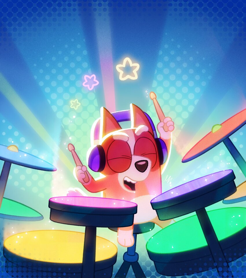 1girl, bingo_heeler, bluey, closed_eyes, costa_daniel_kassab, drumsticks, furry, halftone