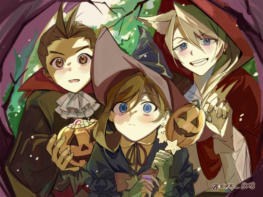 1girl, 2boys, ace_attorney, animal_ears, antenna_hair, apollo_justice, apollo_justice:_ace_attorney, ascot, black_hat, blonde_hair, blue_eyes, bow, branch, brown_eyes, brown_hair, bucket, candy, cape, cloak, collared_shirt, earrings, food, fox_ears, hair_between_eyes, hair_over_shoulder, halloween_bucket, halloween_costume, hat, highres, holding, holding_bucket, holding_halloween_bucket, hood, hooded_cloak, jewelry, klavier_gavin, korean_commentary, medium_hair, multiple_boys, ribbon, shirt, short_hair, single_earring, tepo_(xxx_8x8), trucy_wright, twitter_username, upper_body, white_ascot, white_shirt, witch_hat
