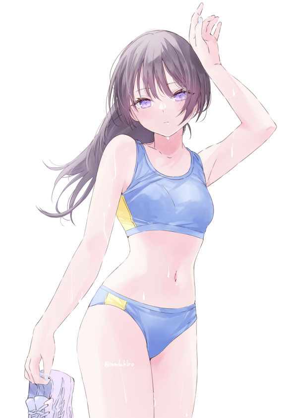 1girl, bare_shoulders, black_hair, blue_buruma, blue_sports_bra, blush, buruma, collarbone, hand_on_own_head, holding, holding_shoes, holding_unworn_clothes, hondahiro, looking_at_viewer, midriff, navel, original, ponytail, purple_eyes, shoes, simple_background, solo, sports_bra, sportswear, sweat, sweatdrop, unworn_shoes, white_background