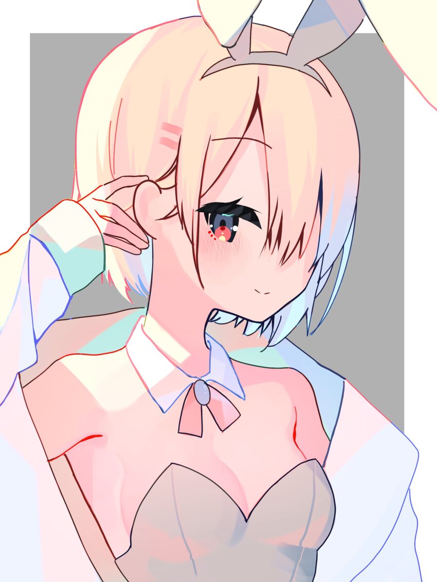 10_(sei), absurdres, adjusting_hair, animal_ears, black_leotard, blonde_hair, detached_collar, fake_animal_ears