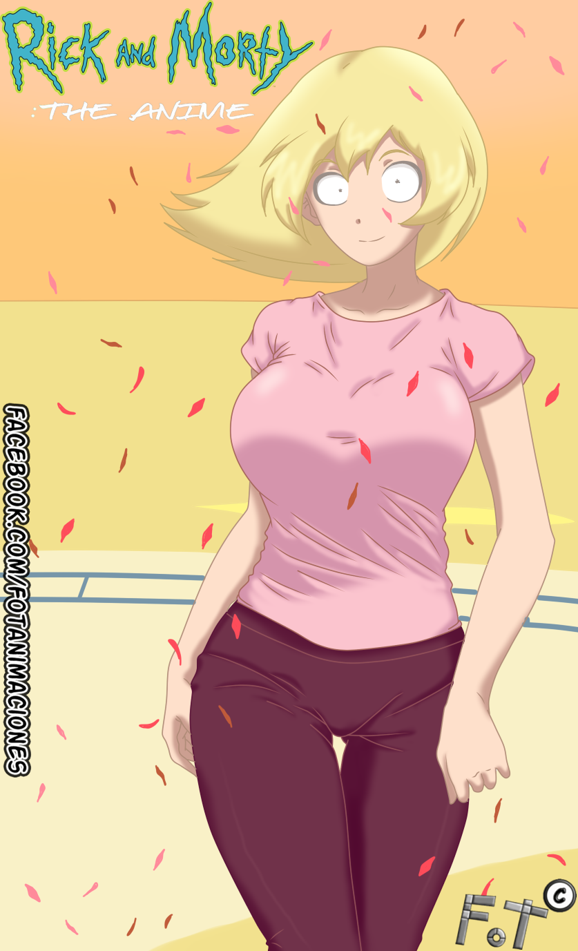 1girl, adult_swim, artist_logo, artist_name, black_eyes, blonde_hair, breasts, cameltoe, character_request, collarbone, confetti, copyright_name, elle, elle_(rick_and_morty), facebook_username, fotanimaciones, highres, large_breasts, legs, logo, looking_at_viewer, medium_hair, narrow_waist, no_nose, pants, pink_lips, pink_shirt, purple_pants, rick_and_morty, rick_and_morty:_the_anime, shirt, smile, solo, standing, thighs, waist, warner_bros., watermark, web_address, wide-eyed, wide_hips