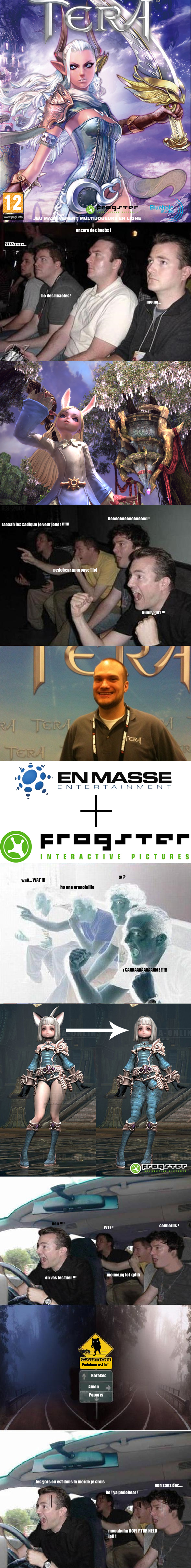 absurdres, animal_ears, castanics, elin, fake_screenshot, french_text, gaijin_4koma_(meme), highres, long_image, meme, pedobear, rabbit_ears, tera_online, translated