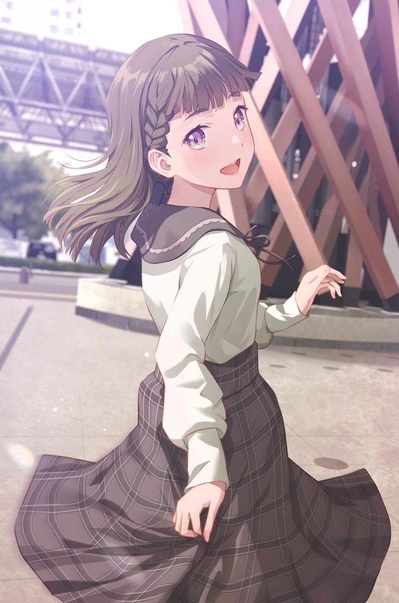 1girl, :d, blurry, blurry_background, braid, brown_hair, brown_ribbon, brown_skirt, casual, center-flap_bangs, commentary, cowboy_shot, day, highres, holding_own_skirt, ishikawa_prefecture, kachimachi_kosuzu, kachimachi_kosuzu_(summer_casual), kanazawa_station, link!_like!_love_live!, long_hair, long_skirt, long_sleeves, looking_at_viewer, looking_back, love_live!, neck_ribbon, official_alternate_costume, open_mouth, pink_eyes, plaid_clothes, plaid_skirt, puffy_long_sleeves, puffy_sleeves, real_world_location, ribbon, shamakho, shirt, side_braids, skirt, smile, solo, straight_hair, teeth, upper_teeth_only, virtual_youtuber, white_shirt
