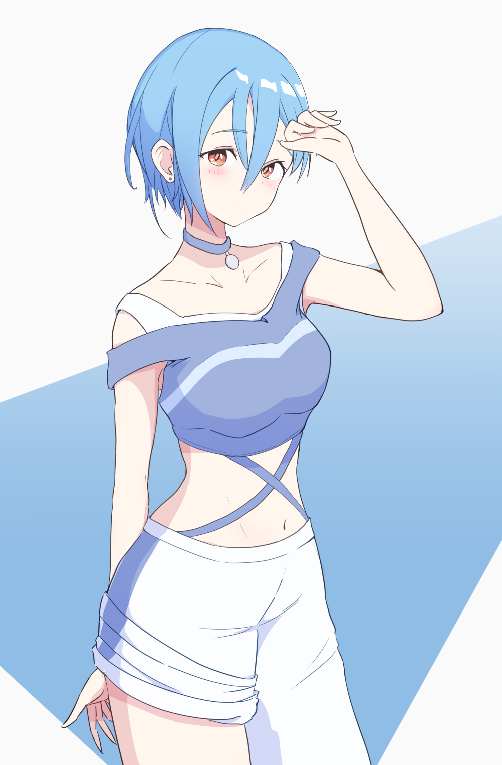 1girl, asymmetrical_pants, blue_background, blue_choker, blue_hair, blue_shirt, breasts, choker