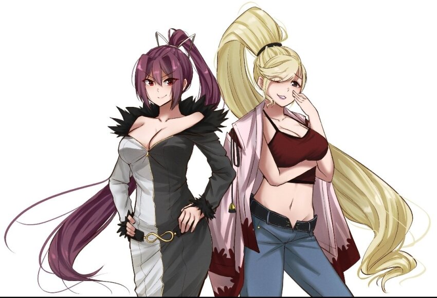 2girls, absurdly_long_hair, bare_shoulders, black_eyes, blonde_hair, breasts, camisole, capri_pants