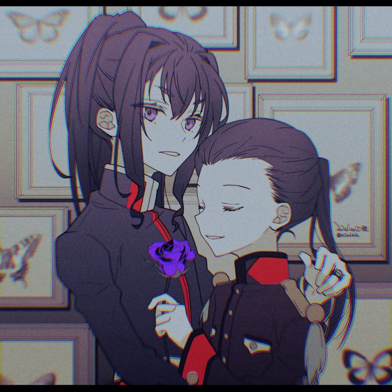 2boys, black_hair, black_jacket, blurry, blurry_edges, brothers, bug, butterfly