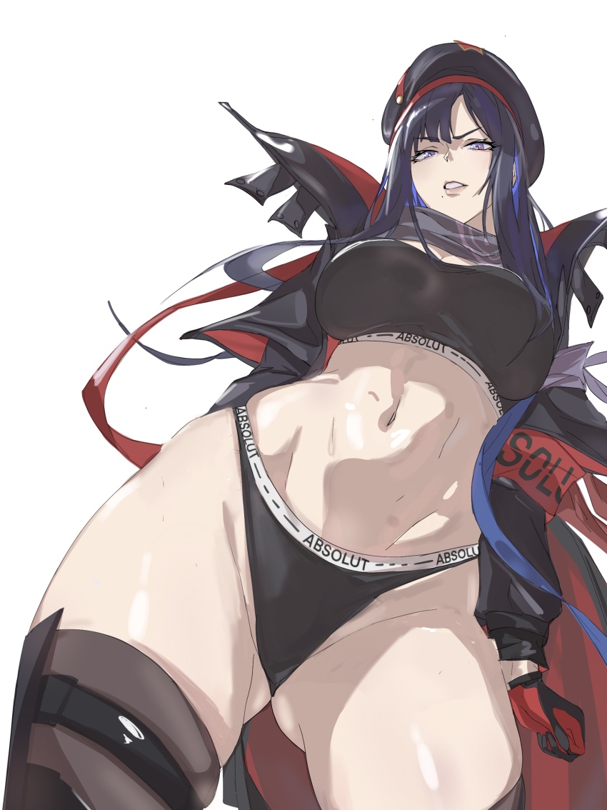 1girl, absurdres, asymmetrical_bangs, beret, black_coat, black_gloves, black_hair, black_hat, black_scarf, black_sports_bra, black_thighhighs, breasts, cleavage, coat, colored_inner_hair, contrapposto, cowboy_shot, curvy, eunhwa_(nikke), eunhwa_(tactical_upgrade)_(nikke), from_below, gloves, gluteal_fold, goddess_of_victory:_nikke, groin, hat, highres, long_hair, long_sleeves, looking_at_viewer, medium_breasts, midriff, mole, mole_under_mouth, multicolored_hair, navel, no_pants, off_shoulder, official_alternate_costume, open_clothes, open_coat, parted_bangs, parted_lips, purple_eyes, purple_hair, red_gloves, scarf, shorts, simple_background, skindentation, solo, sports_bikini, sports_bra, sports_panties, standing, stomach, taiyang_yu, teeth, thighhighs, thong, two-sided_fabric, two-tone_gloves, two-tone_hair, white_background, wide_hips