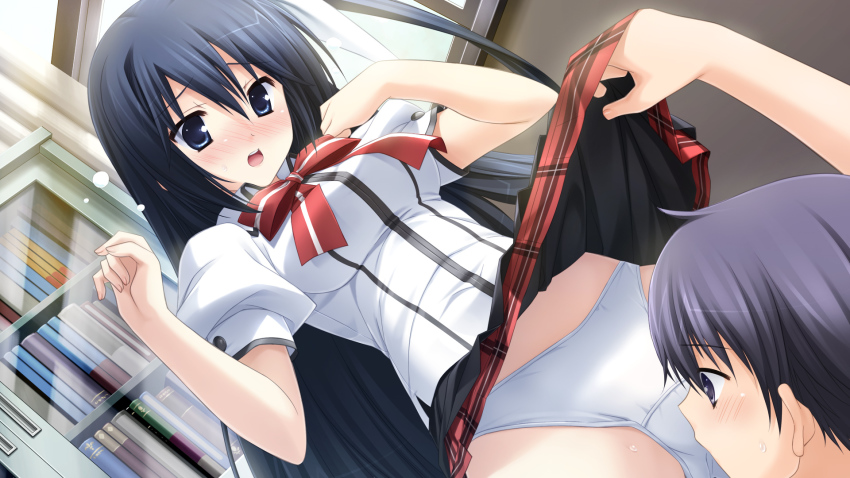 1boy, 1girl, blush, clothes_lift, game_cg, highres, hinata_shoutarou, indoors, long_hair, makiya_kasumi, panties, school_uniform, skirt, skirt_lift, tagme, underwear, with_ribbon