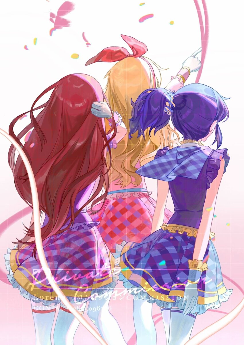 3girls, aikatsu!, aikatsu!_(series), arm_at_side, arm_behind_back, arm_up, blonde_hair, blue_scrunchie