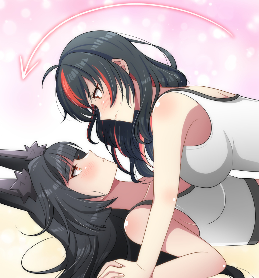 2girls, animal_ear_fluff, animal_ears, black_hair, blue_w_moon, blush, closed_mouth, eye_contact