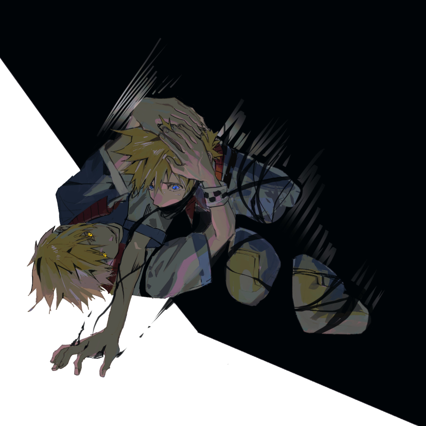 2boys, blonde_hair, blue_eyes, checkered_wristband, crying, crying_with_eyes_open, dark, dark_persona, darkness, dual_persona, evil_grin, evil_smile, gagged, glowing, glowing_eyes, grin, hands_on_another's_head, heisui_(twitter_2566599439), highres, kingdom_hearts, kingdom_hearts_birth_by_sleep, male_focus, motion_lines, multiple_boys, possessed, reaching, smile, spiked_hair, symbolism, tears, ventus_(kingdom_hearts), wristband, yellow_eyes