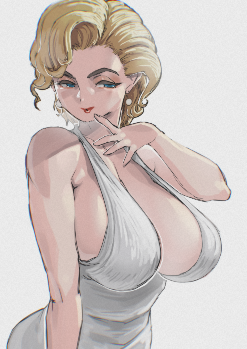 1girl, alternate_breast_size_(larger), aqua_eyes, blonde_hair, breasts, curly_hair, dress, earrings, half-closed_eyes, halter_dress, halterneck, highres, huge_breasts, jewelry, large_breasts, marilyn_monroe, red_lips, sashizume_soutarou, short_hair, sideboob, solo, the_seven-year_itch, thick_eyebrows, upper_body, white_background, white_dress