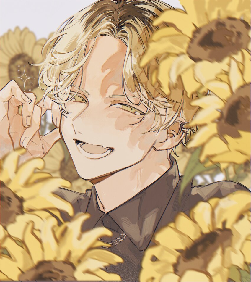 1boy, absurdres, awase01, black_shirt, blonde_hair, blurry, collared_shirt, commentary_request