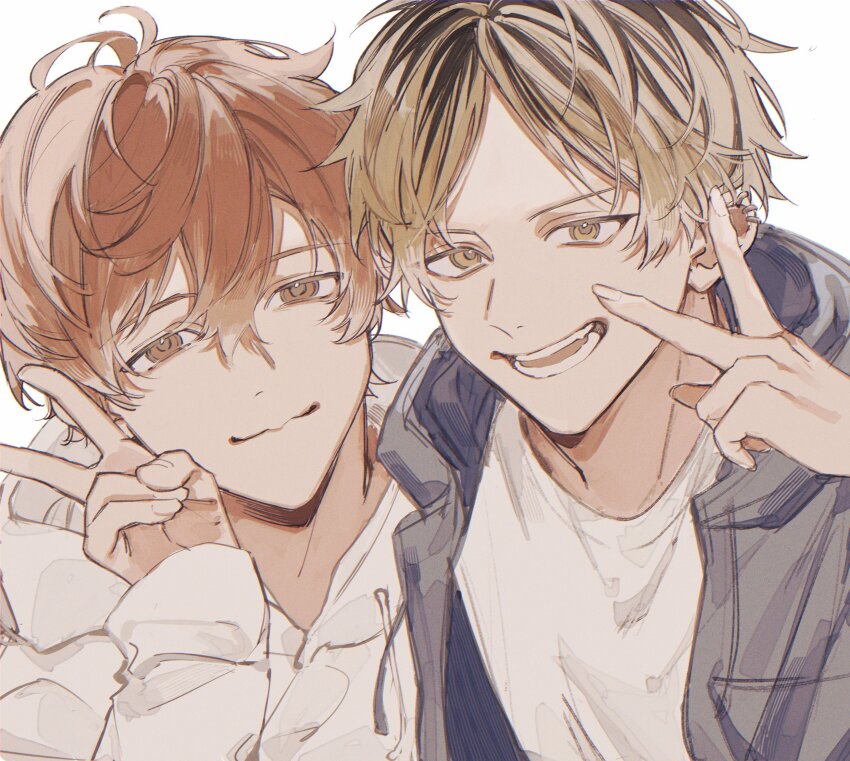 2boys, absurdres, awase01, blonde_hair, brown_eyes, brown_hair, closed_mouth, commentary_request, ear_piercing, given, hair_between_eyes, highres, hood, hoodie, jacket, kashima_hiiragi_(given), light_smile, long_sleeves, looking_at_viewer, male_focus, multicolored_hair, multiple_boys, multiple_piercings, open_mouth, piercing, satou_mafuyu, short_hair, streaked_hair, teeth, two-tone_hair, upper_body, v, white_background, white_hoodie, yellow_eyes