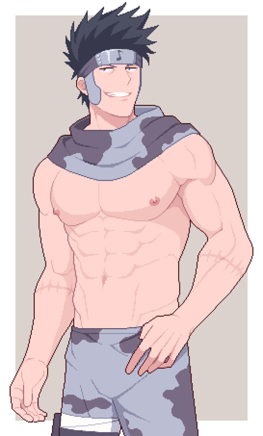 1boy, abs, absurdres, abumi_zaku, bara, black_eyes, black_hair, border