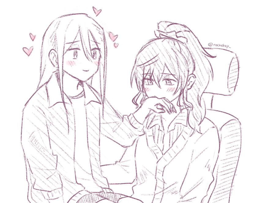 2girls, absurdres, asahina_mafuyu, blush, chair, commentary, embarrassed, english_commentary