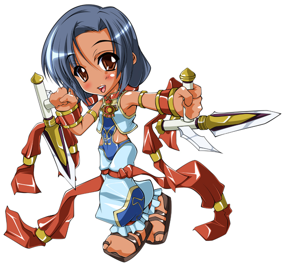 1girl, armpits, bad_id, bad_pixiv_id, black_hair, bladed_tonfa, brown_eyes, chibi, dual_wielding, female_focus, full_body, holding, open_mouth, pants, ribbon, sandals, short_hair, short_twintails, simple_background, smile, solo, soul_calibur, soulcalibur, soulcalibur_iii, talim, tonfa, twintails, weapon, white_background, yamazaki_sakura