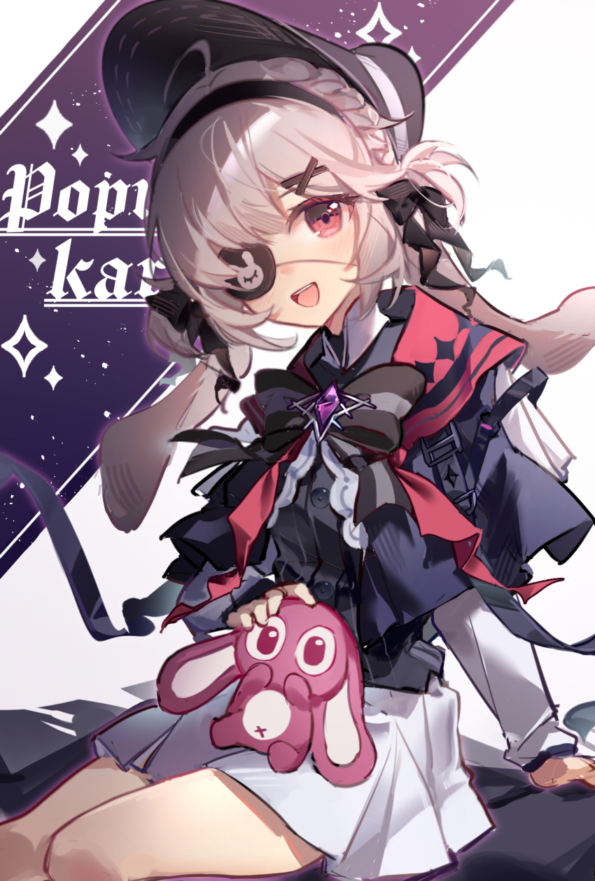 1girl, :d, animal_ears, arknights, black_bonnet, black_bow, black_bowtie, black_hairband