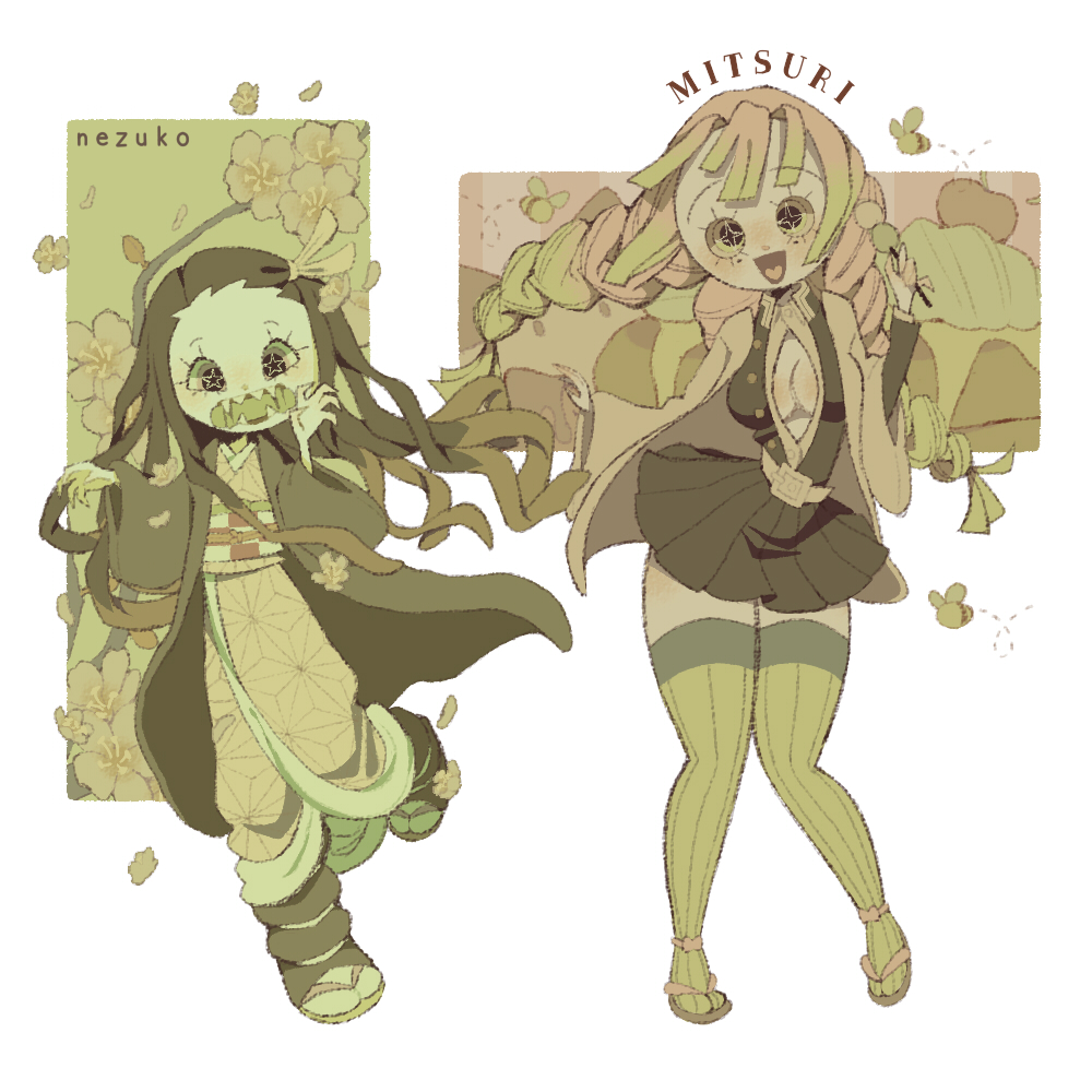 +_+, 2girls, bee, belt, black_hair, black_jacket, black_skirt, braid