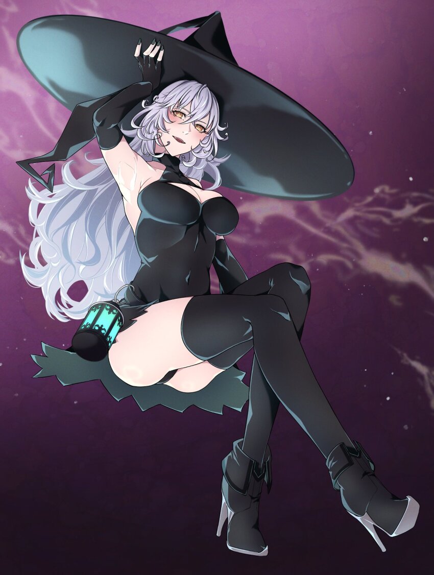 1girl, ankle_boots, black_boots, black_dress, black_gloves, black_hat, black_thighhighs, boots