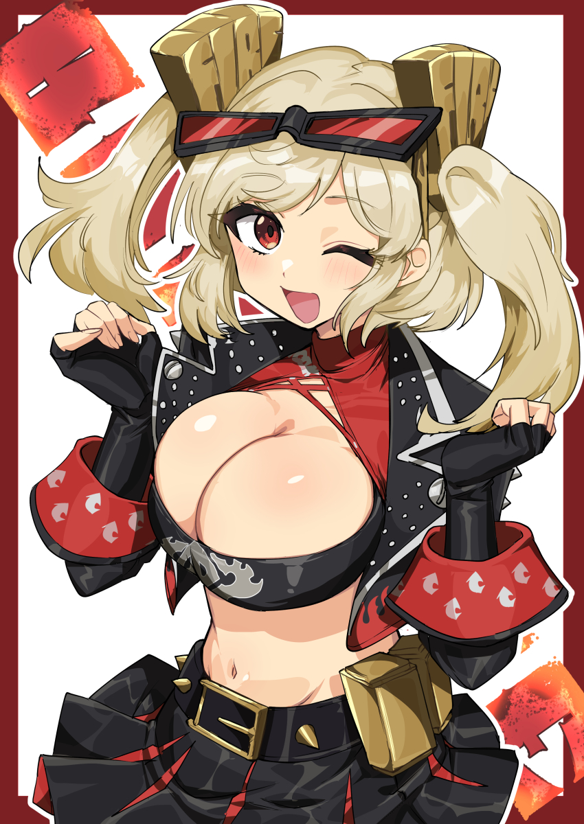 1girl, ;d, absurdres, belt, blonde_hair, breasts, burnice_white, cleavage, commentary, cropped_jacket, eyewear_on_head, fingerless_gloves, gloves, highres, large_breasts, midriff, miniskirt, navel, one_eye_closed, open_mouth, outside_border, red_eyes, simple_background, skirt, smile, spiked_belt, sunglasses, tsuukon_(tukonn), twintails, white_background, zenless_zone_zero