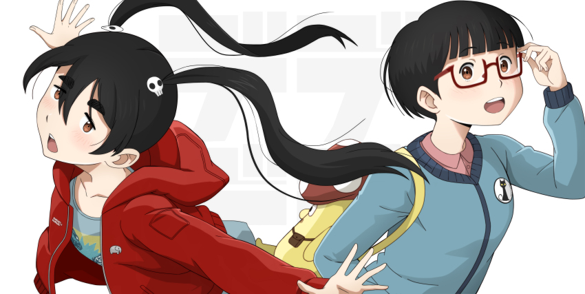 2girls, :o, absurdres, adjusting_eyewear, backpack, bag, black_hair, blue_shirt