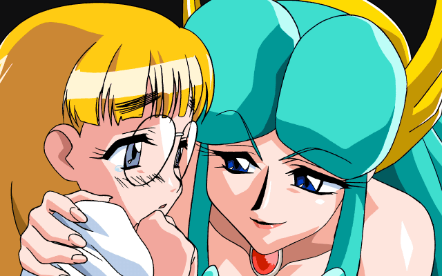 2girls, animated, animated_gif, anna_miller, aqua_hair, blonde_hair, blue_eyes, blush