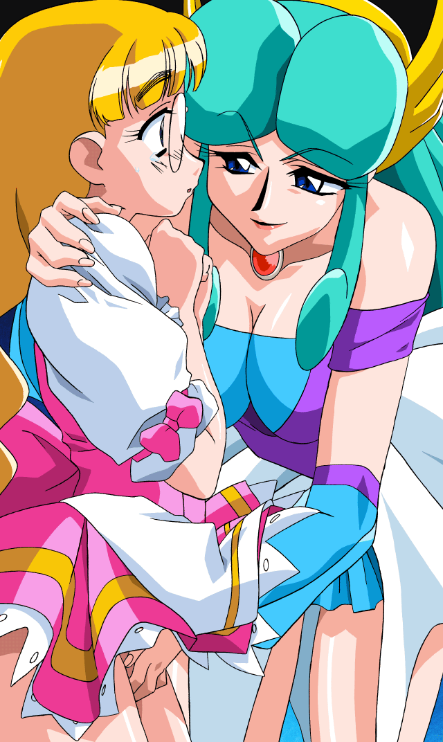 2girls, anna_miller, aqua_hair, blonde_hair, blue_eyes, bow, braid, breasts