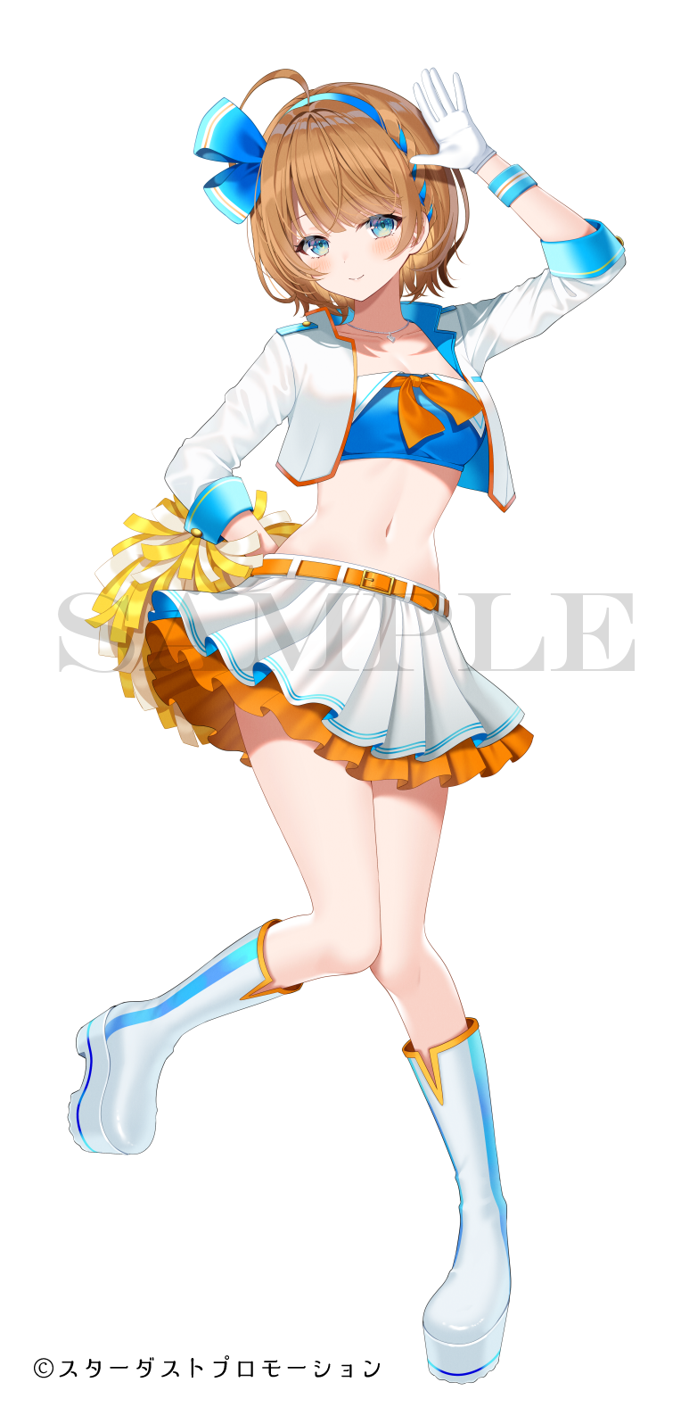 1girl, ahoge, arm_up, belt, belt_buckle, blue_eyes, blue_hairband, boots