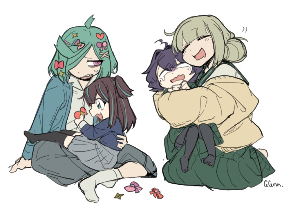 4girls, aged_down, ahoge, akoya_matama, anemo_nemo, araga_kiwi, artist_name, black_hair