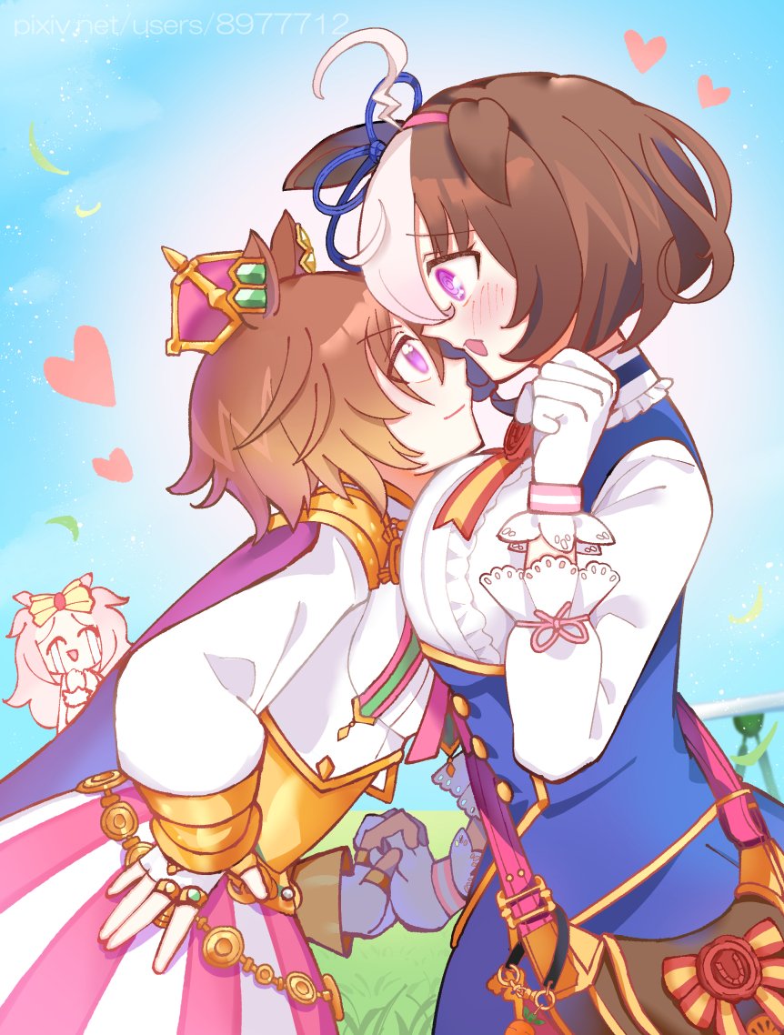 3girls, @_@, agnes_digital_(umamusume), ahoge, animal_ears, armor, asymmetrical_docking, bag